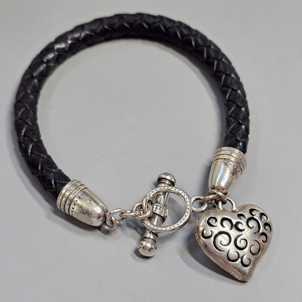 Heart Charm Bracelet Black Braided Woven Leather Toggle Silvertone